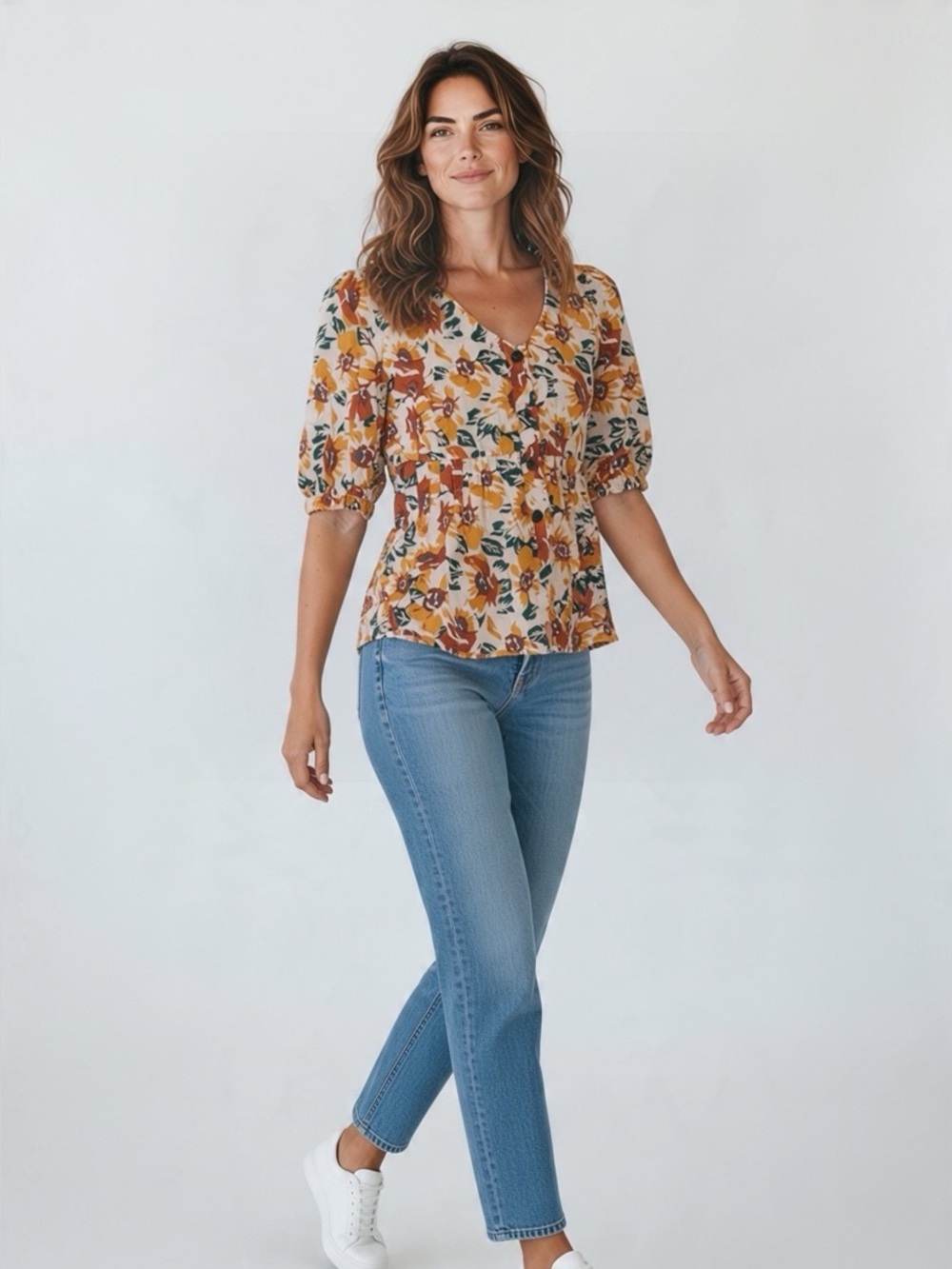 Moussy Floral Gathered Waist Short Sleeve Button Down Blouse